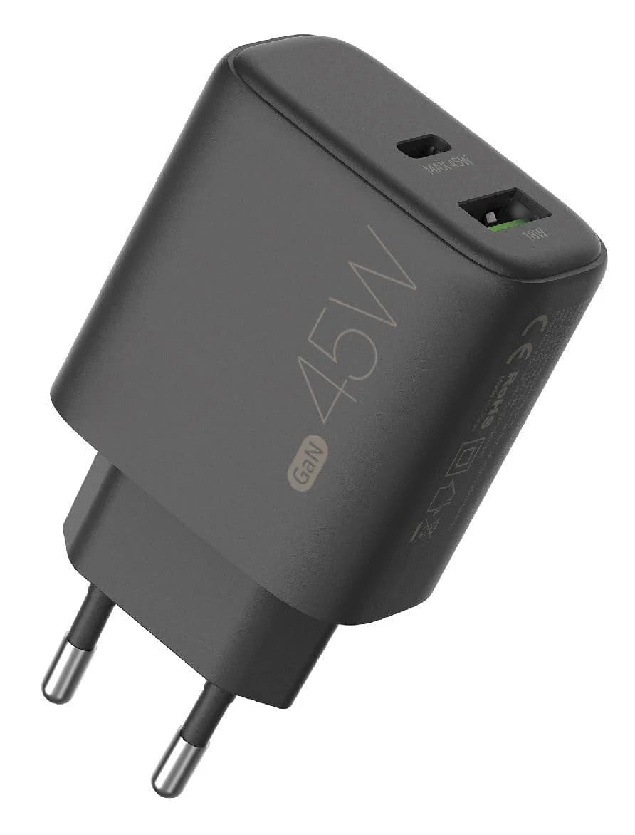 Ein schwarzes 45-W-GaN-Ladegerät mit zwei Anschlüssen. Es hat einen Stecker mit zwei Stiften und der Text '45W' ist sichtbar.