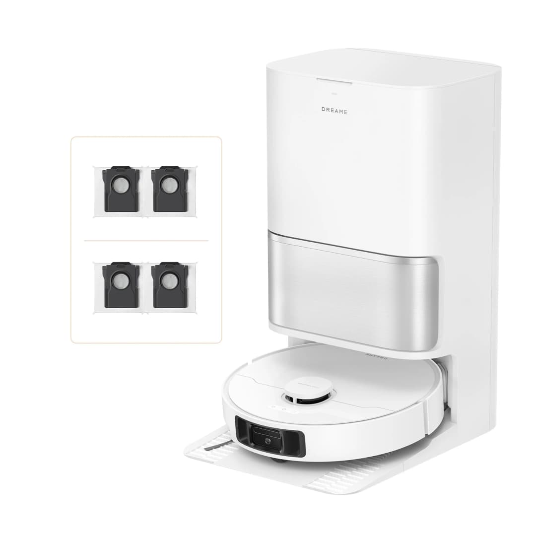 Weißer Roboter-Staubsauger mit Dockingstation und zwei Sätzen schwarzer Filter. Die Marke ist Dreame.