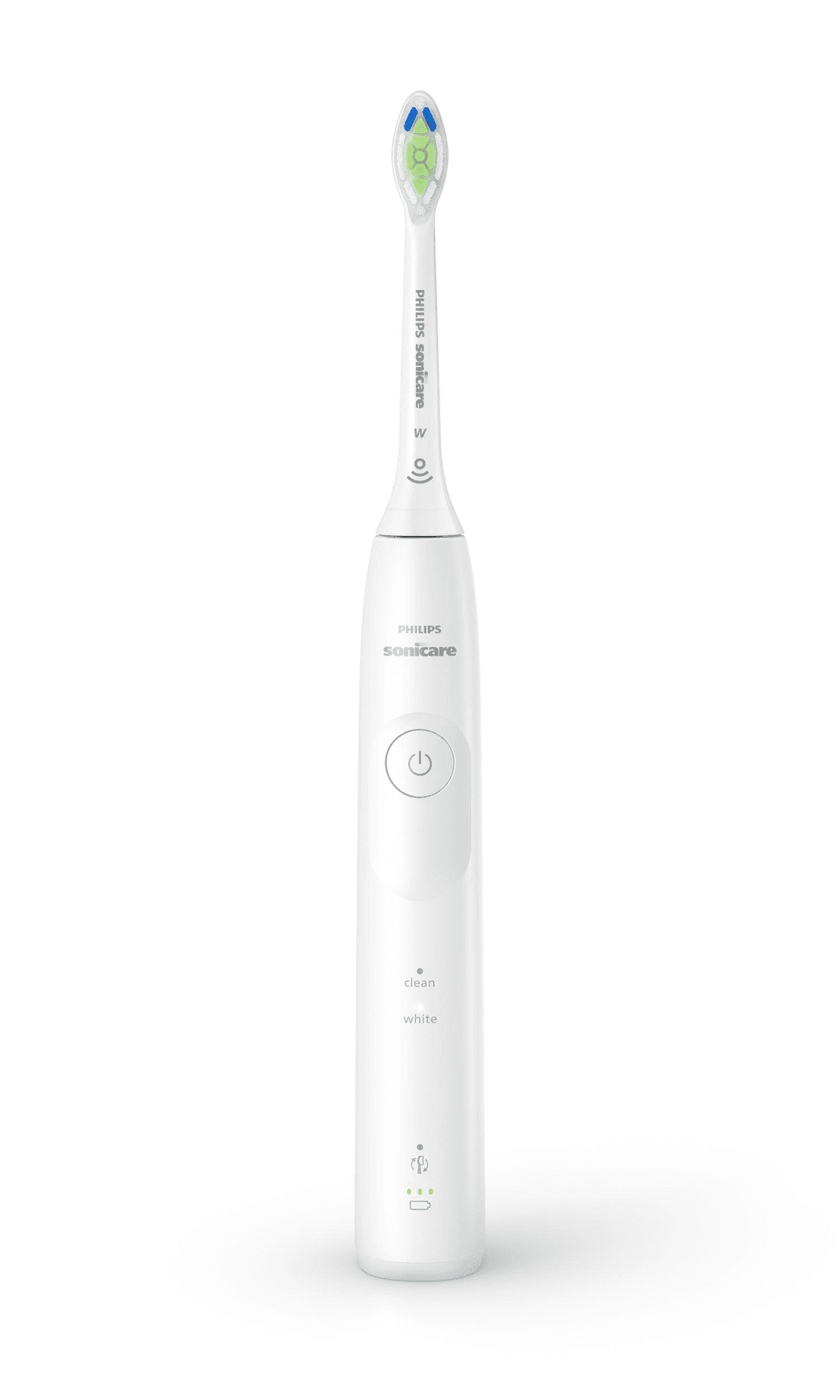 Eine weiße elektrische Zahnbürste von Philips Sonicare. Sie hat einen Ein-/Ausschalter und Anzeigen für Reinigen, Weiß und Laden.
