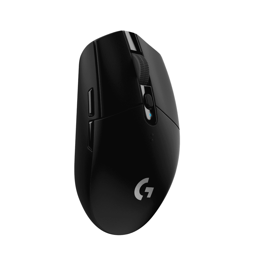 Eine schwarze, kabellose Computermaus. Sie hat Tasten, ein Scrollrad und das Logitech 'G'-Logo.