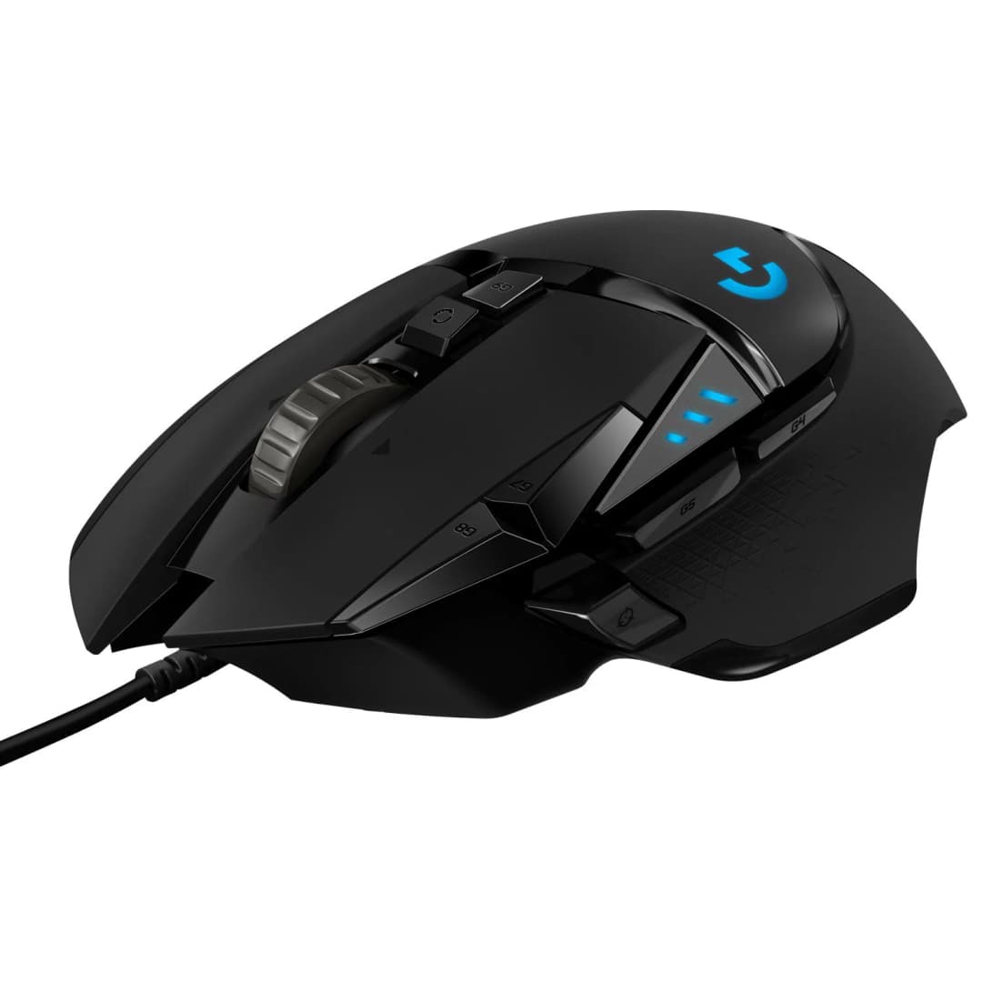 Schwarze Gaming-Maus mit mehreren Tasten und einem Scrollrad, beleuchtet mit blauen Lichtern. Sie befindet sich auf weißem Hintergrund.