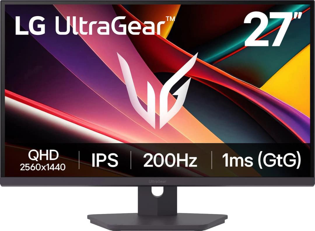 LG UltraGear 27" Monitor. Merkmale sind QHD, IPS, 200Hz und 1ms (GtG). Der Bildschirm zeigt farbenfrohe Grafiken.