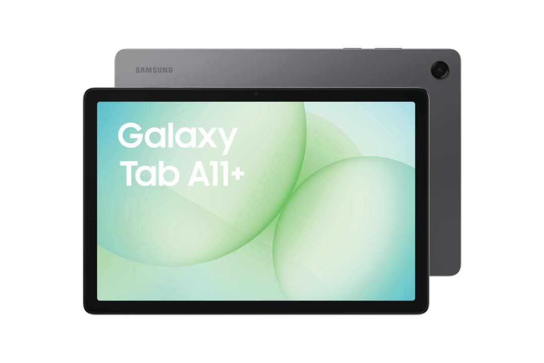 Ein Samsung Galaxy Tab A11+ Tablet. Graue Rückseite, schwarzer Bildschirm mit grünen und weißen Grafiken, auf weißem Hintergrund.