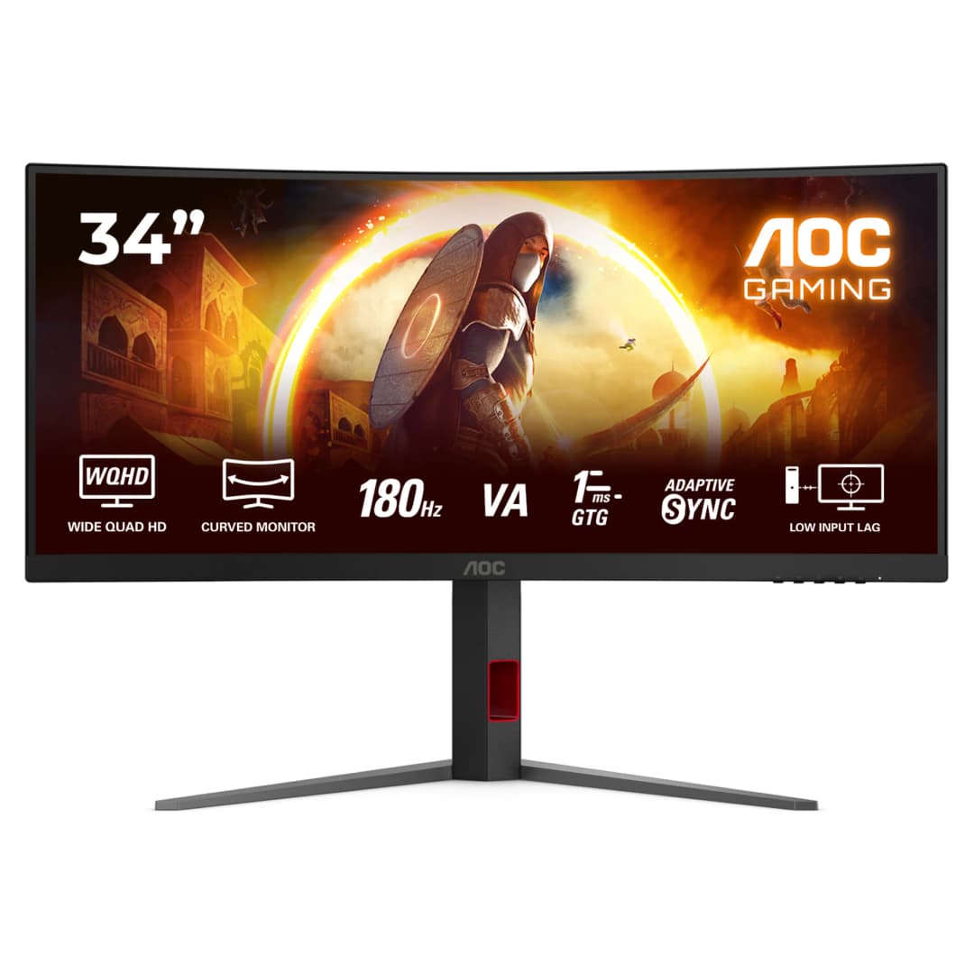 AOC Gaming Monitor. 34 Zoll gebogener Bildschirm. Funktionen: 180Hz, VA, 1ms GTG, Adaptive Sync und Low Input Lag.