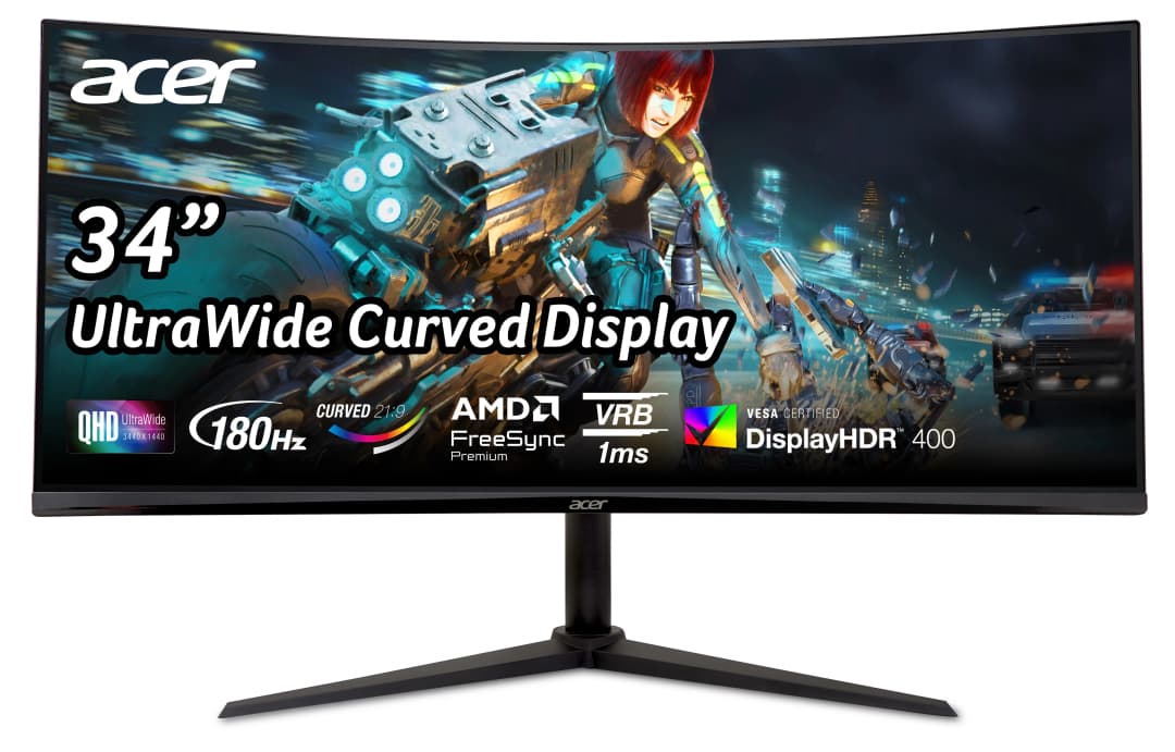 Acer 34" Curved-Display. Auf dem Bildschirm ist eine futuristische Szene zu sehen. Merkmale sind QHD, 180Hz und AMD FreeSync.