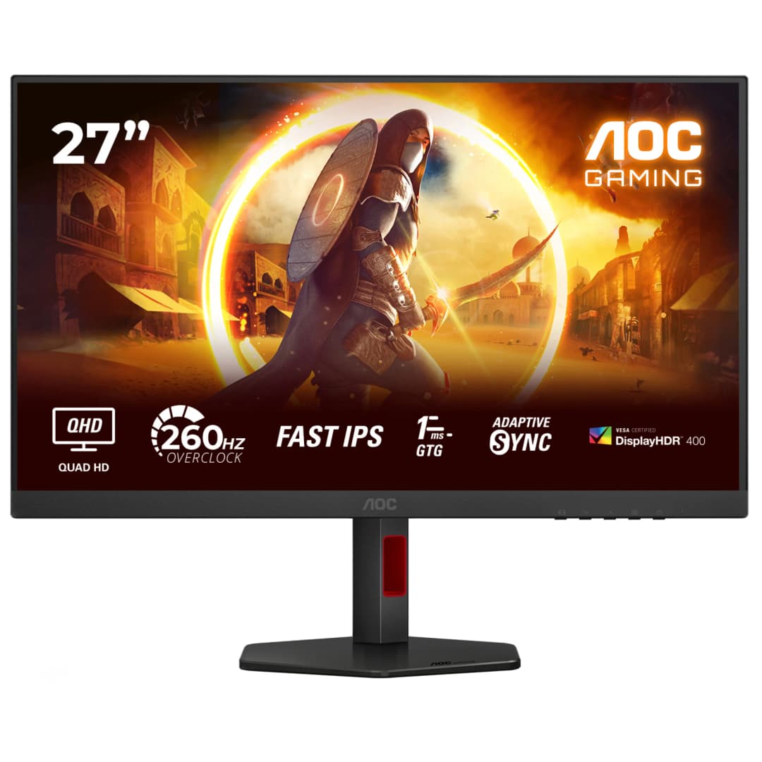 AOC-Gaming-Monitor. 27", QHD, 260 Hz, Fast IPS, Adaptive Sync und DisplayHDR 400. Ein Krieger steht im Zentrum.