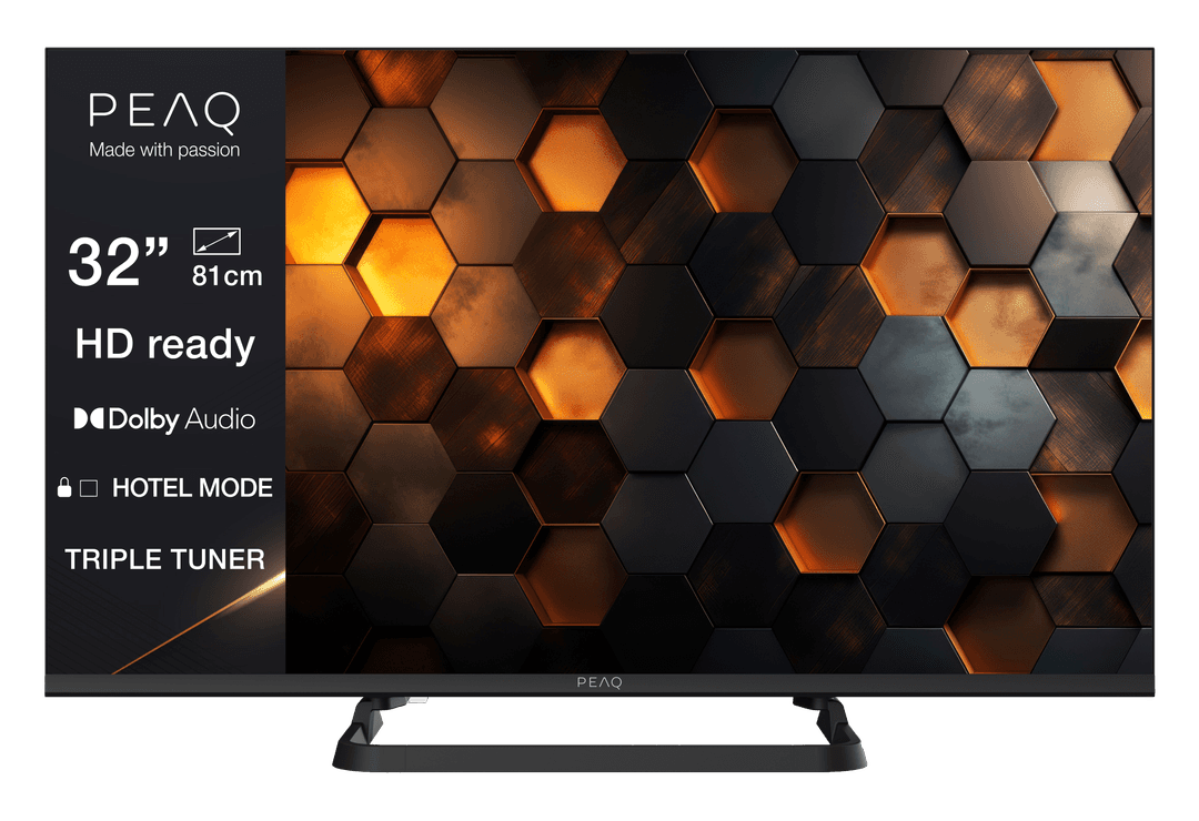 Ein 32-Zoll-PEAQ-Fernseher. Der Bildschirm zeigt ein Wabenmuster in Schwarz und Gold. Es hat HD ready, Dolby Audio, Hotelmodus und Triple Tuner.