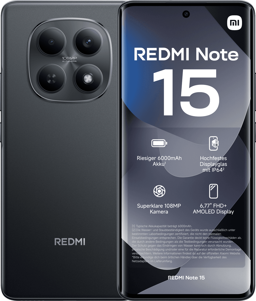 Ein Redmi Note 15 Telefon mit Kamera, Display und Funktionen wie einem 6000mAh Akku.