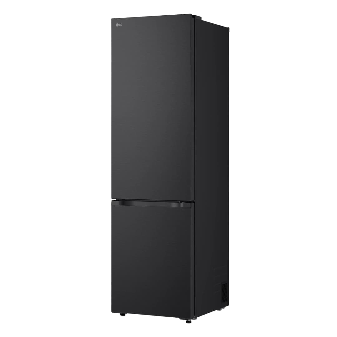 Ein schwarzer LG-Kühlschrank. Er hat eine obere Tür und eine untere Schublade. Das LG-Logo befindet sich auf der oberen Tür.