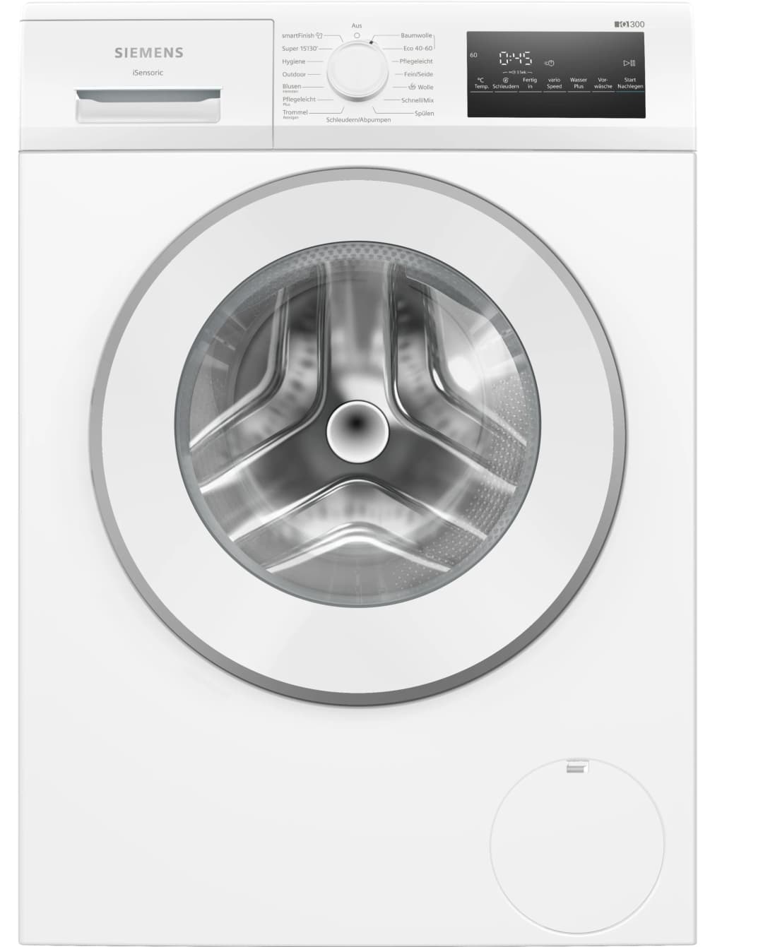 Eine weiße Siemens Waschmaschine mit digitaler Anzeige und Bedienfeld.