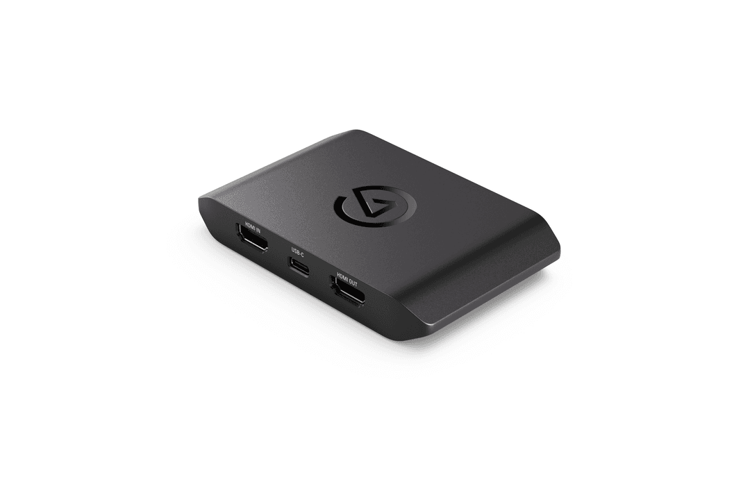 Ein schwarzer Capture Adapter mit HDMI IN, USB-C und HDMI OUT Anschlüssen.