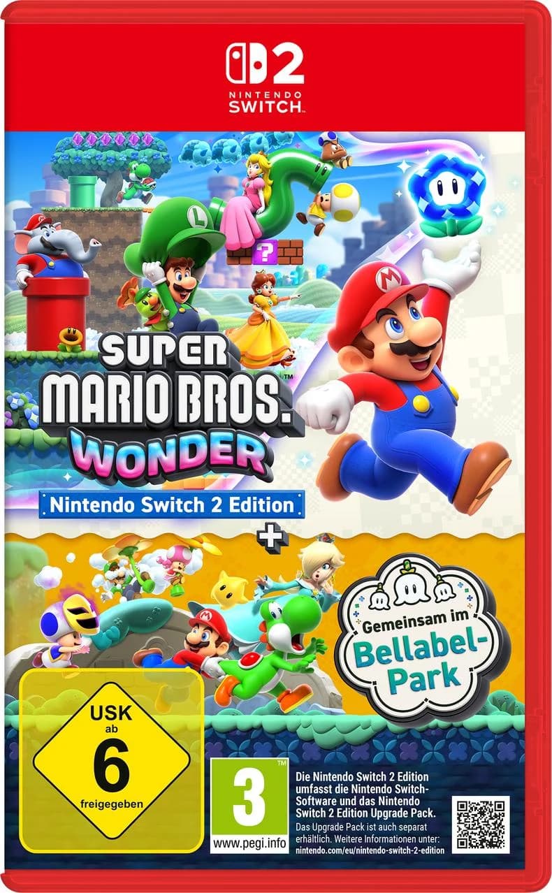 Super Mario Bros. Wonder für Nintendo Switch, mit Mario, Luigi, Peach und Yoshi in bunten Welten.
