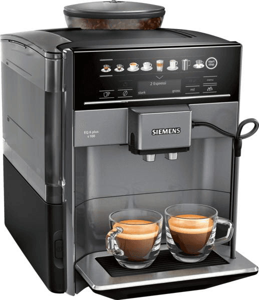 Ein Siemens Kaffeevollautomat mit zwei Espressotassen und Bohnenbehälter.
