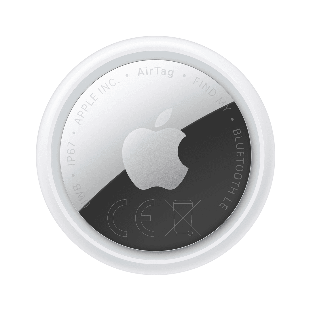 Apple AirTag mit silbernem Apfel-Logo auf weißem und schwarzem Hintergrund.