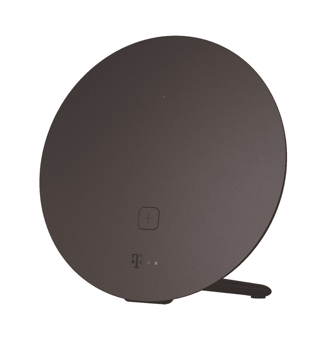 Ein dunkler, runder T-Mobile-Router mit einem grünen Licht und einem Pluszeichen.