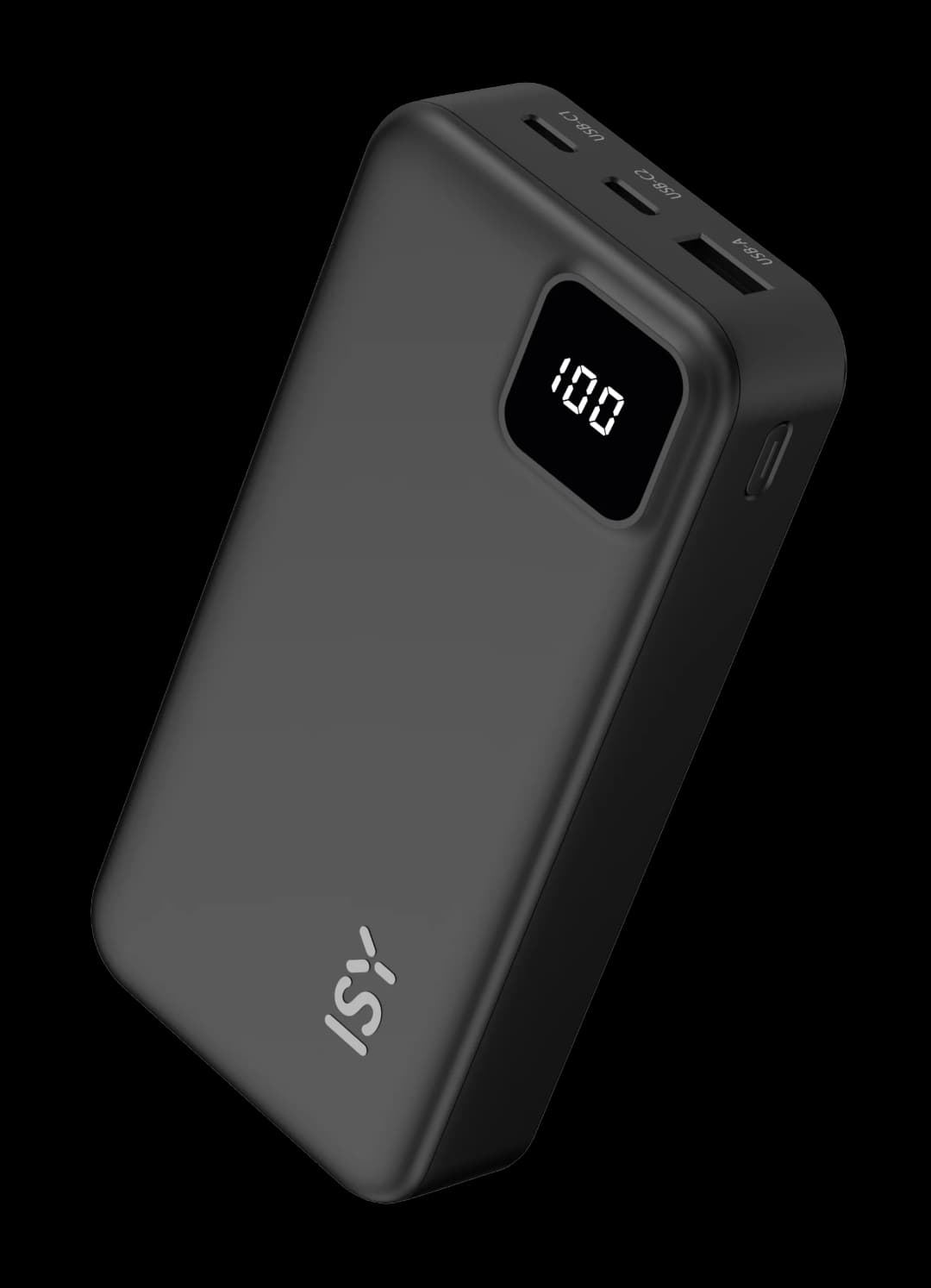 Schwarzes ISY Powerbank mit digitaler Anzeige von 100, USB-C und USB-A Anschlüssen.