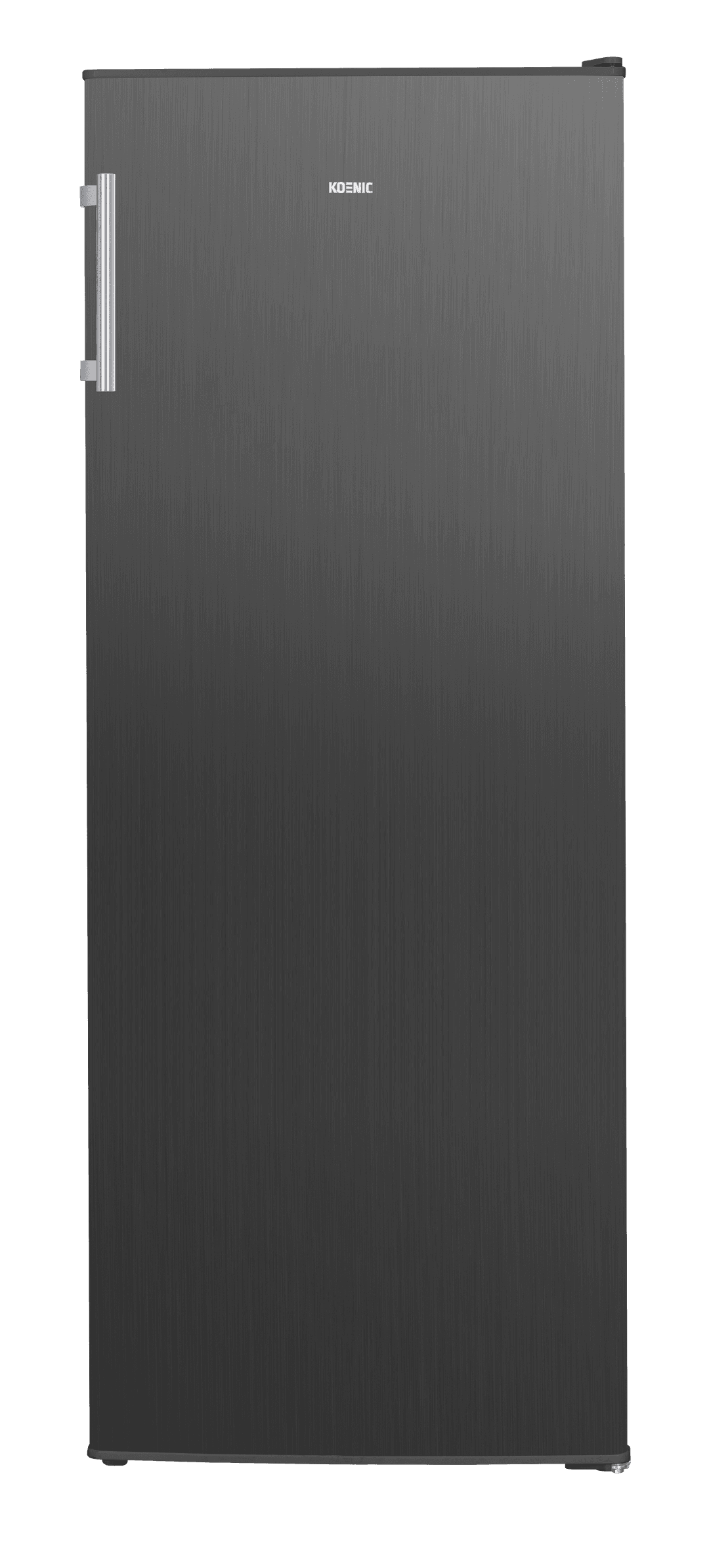 Ein dunkler Kühlschrank mit silbernem Griff und dem KOENIC-Logo.