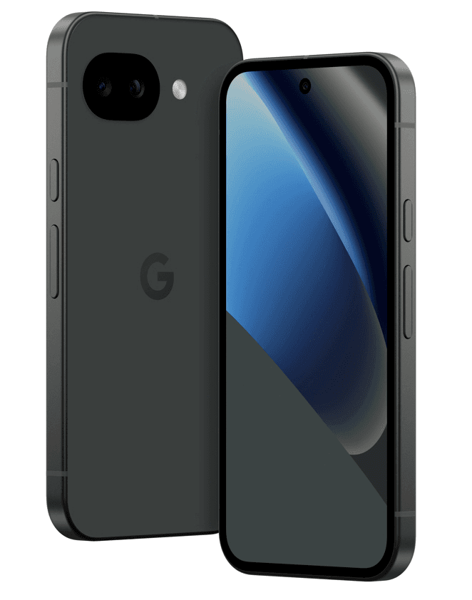 Zwei dunkle Smartphones, eines mit Kamera und Google-Logo, das andere mit blauem Bildschirm.