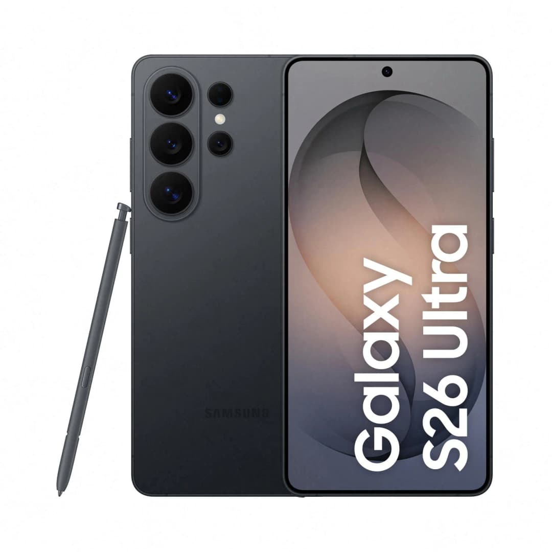 Dunkelgraues Samsung Galaxy S26 Ultra mit Stift, weiße Schrift auf dem Bildschirm.