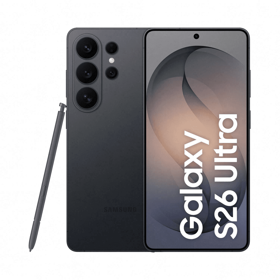 Ein dunkles Samsung Galaxy S26 Ultra Smartphone mit Stift auf weißem Hintergrund.
