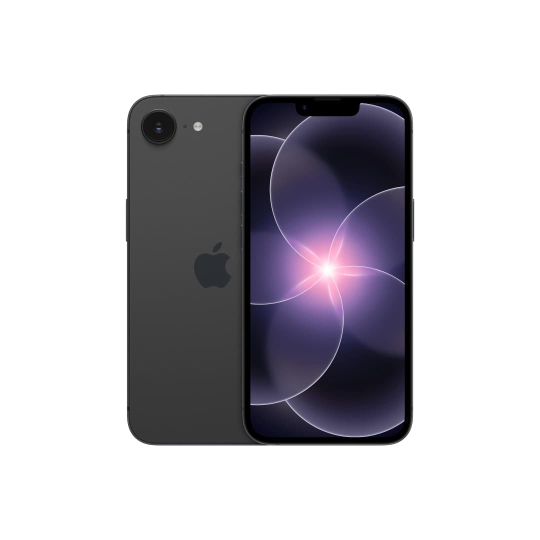 Ein dunkles iPhone mit einem Apple-Logo auf der Rückseite und einem lila Muster auf dem Bildschirm.