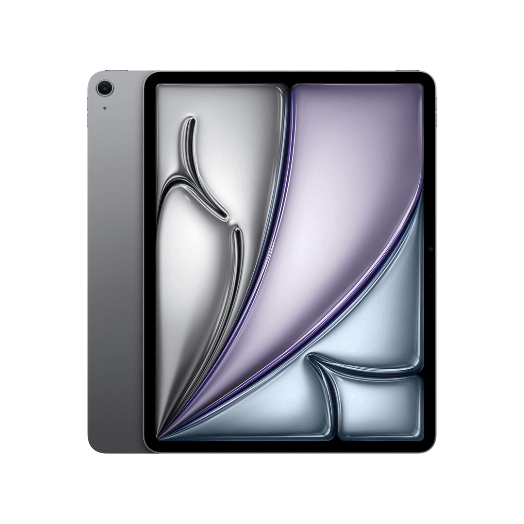 Ein graues Tablet mit einem abstrakten, glänzenden Bildschirmdesign in Lila und Silber.