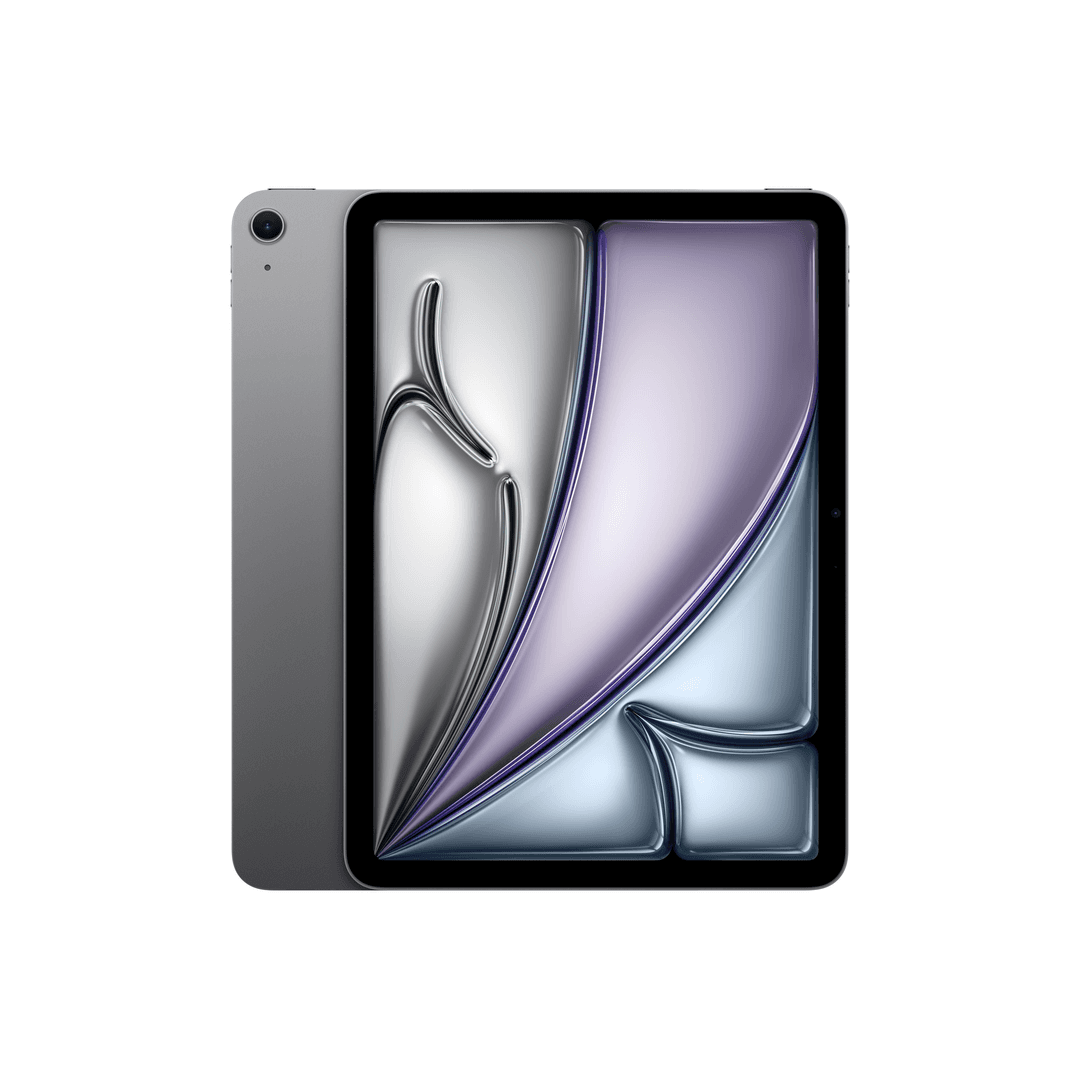 Ein graues Tablet steht aufrecht, die Vorderseite zeigt ein abstraktes Design in Silber und Lila.