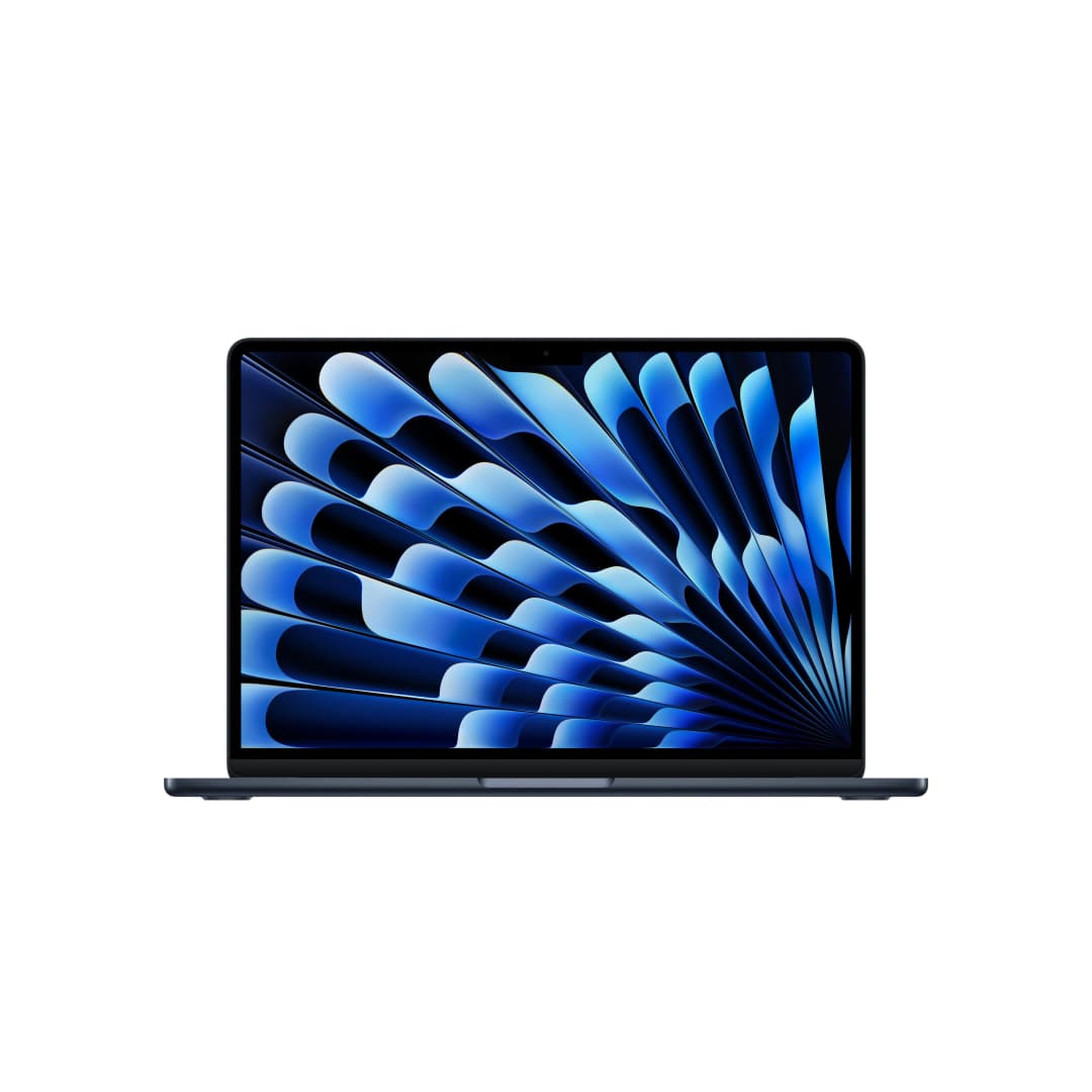 Ein dunkelblauer Laptop mit einem blauen, fächerförmigen Hintergrundbild.