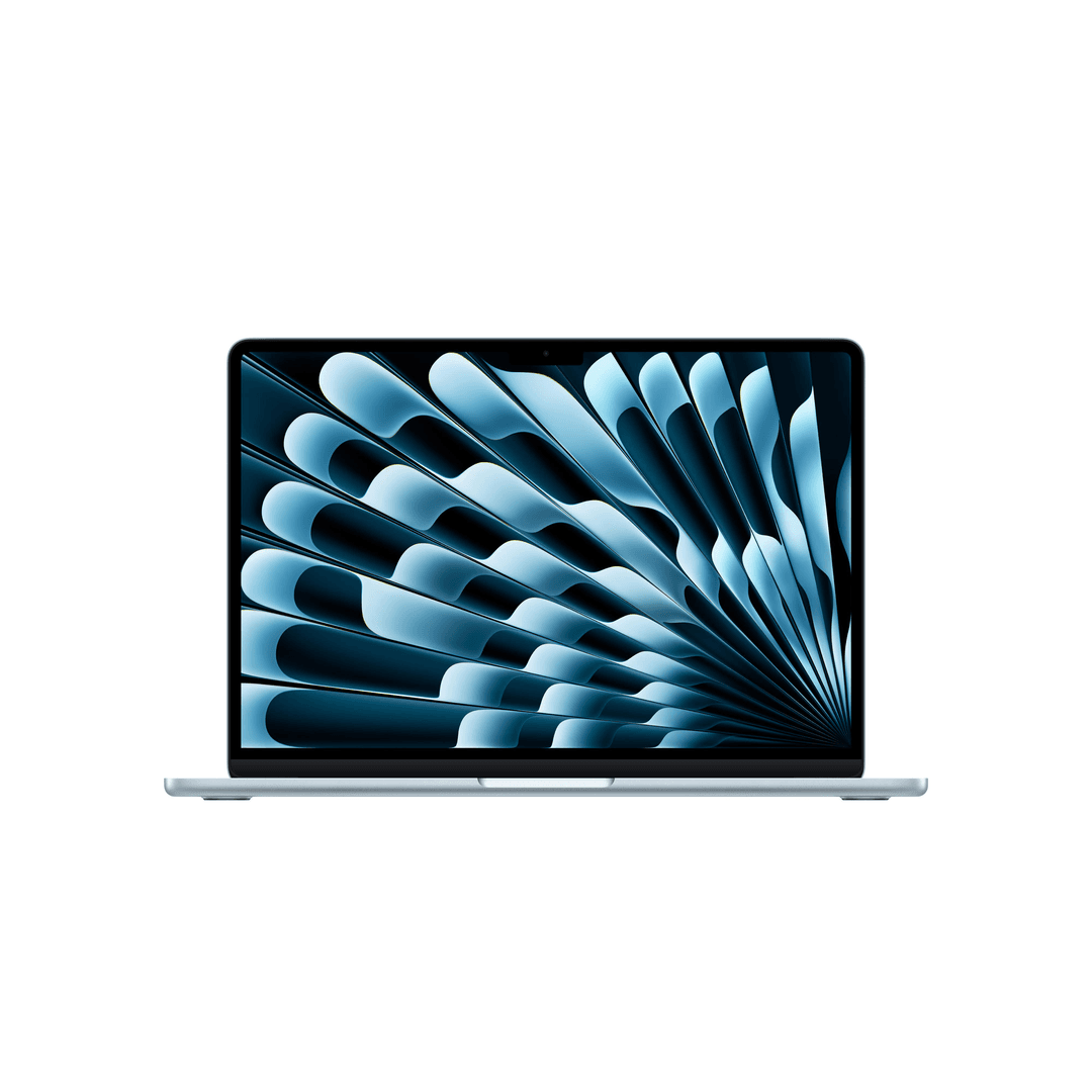 Ein hellblaues Laptop mit abstraktem blauen Hintergrund auf dem Bildschirm.