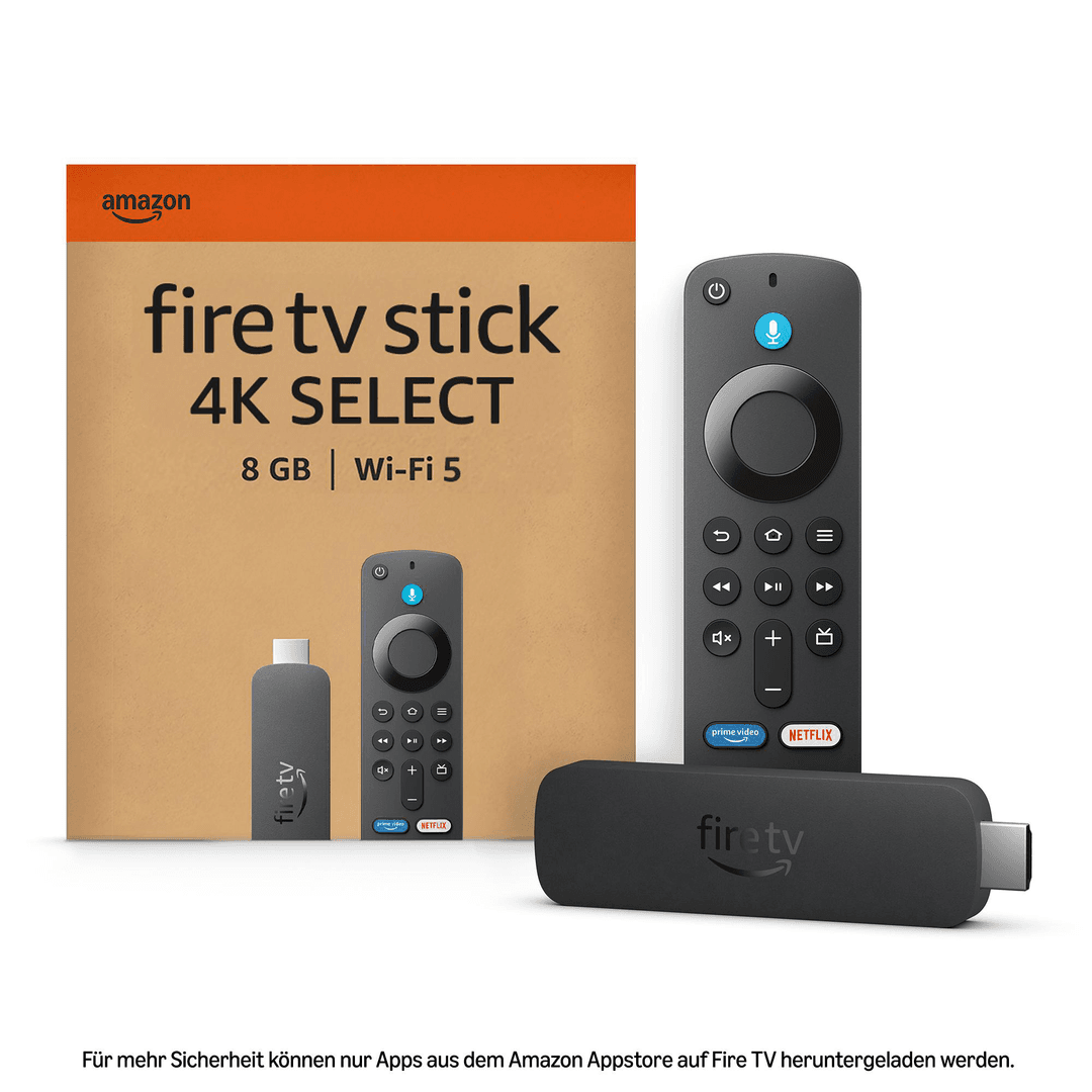 Amazon Fire TV Stick 4K Select mit Fernbedienung und Stick.