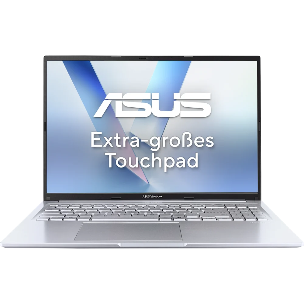 Ein silberner Asus Laptop mit Tastatur und Touchpad. Der Bildschirm zeigt das Asus Logo und Text.