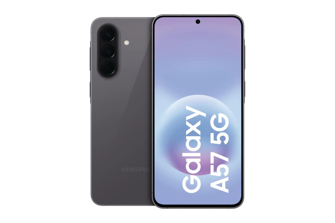 Graues Samsung Galaxy A57 5G Smartphone, Rückseite mit 3 Kameras, Vorderseite mit Display.