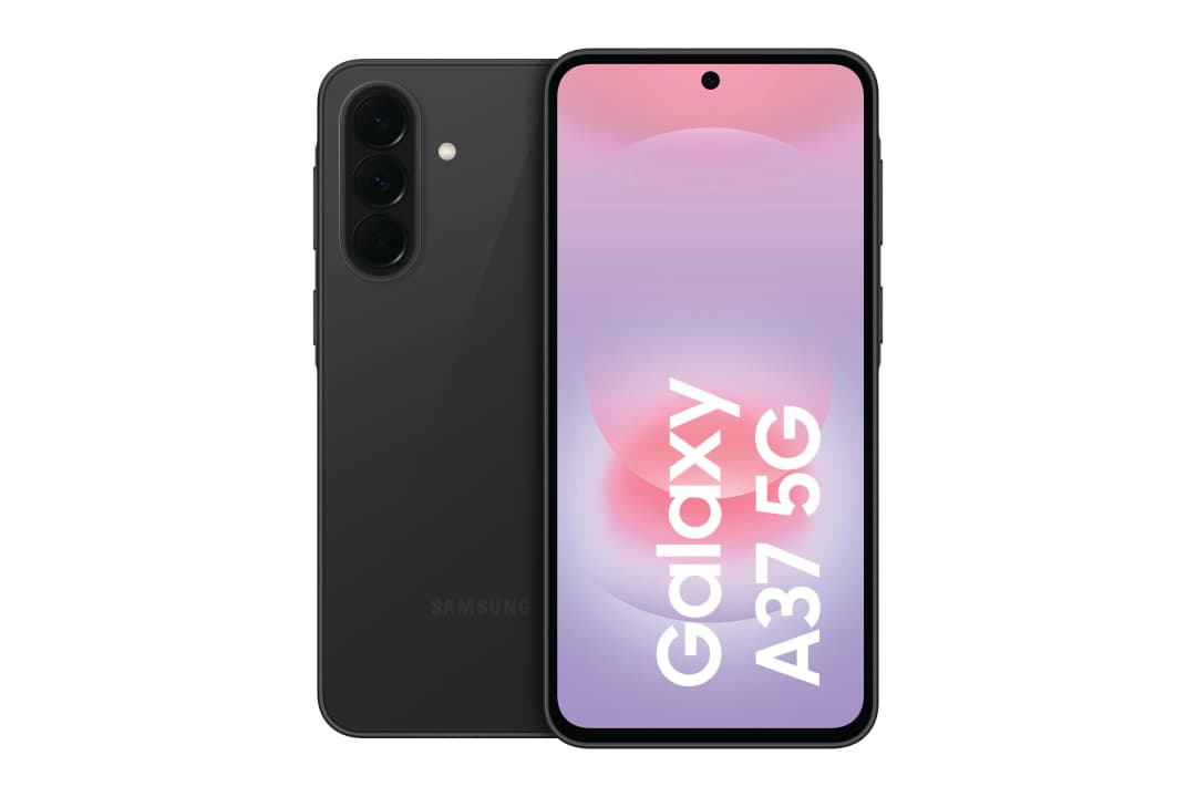 Ein schwarzes Samsung Galaxy A37 5G Smartphone mit drei Kameras auf der Rückseite.