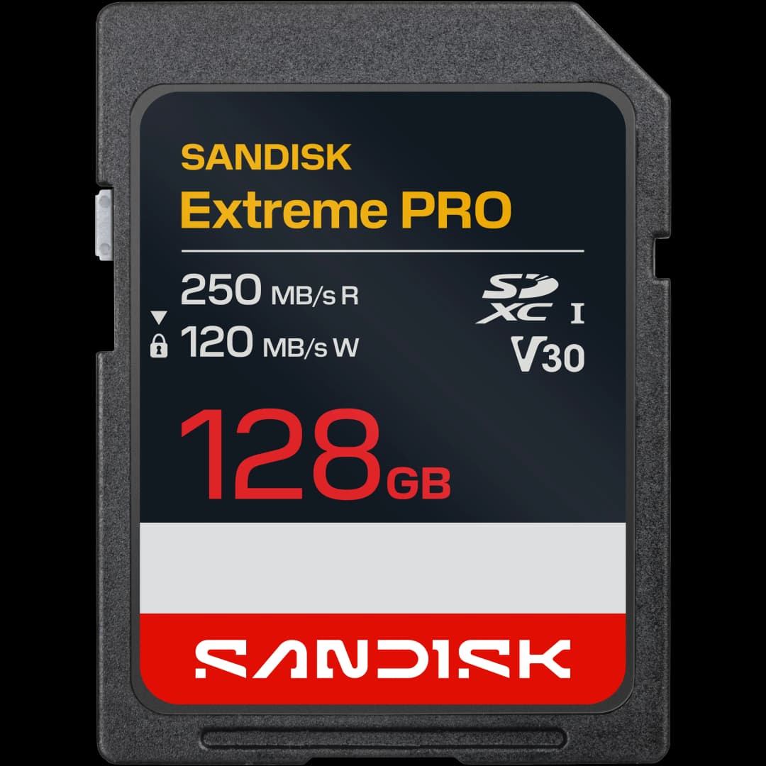 Sandisk Extreme PRO 128 GB SDXC Speicherkarte mit 250 MB/s Lese- und 120 MB/s Schreibgeschwindigkeit.