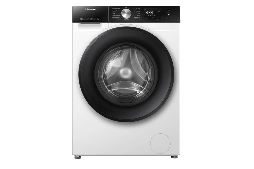 Eine weiße Hisense Waschmaschine mit schwarzem Bullauge und Bedienfeld.