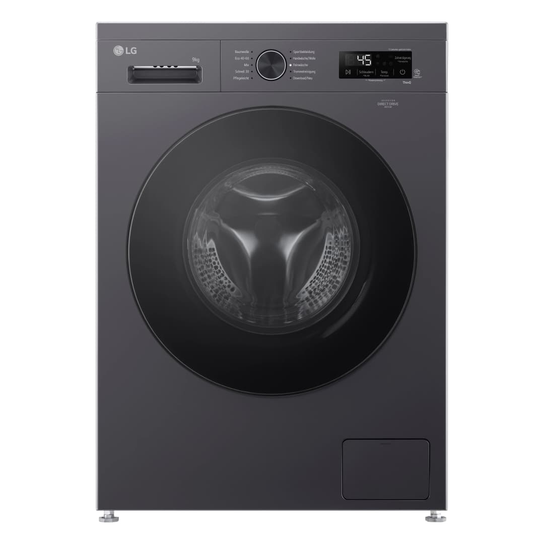 Eine dunkelgraue LG Waschmaschine mit runder Tür und Bedienfeld.