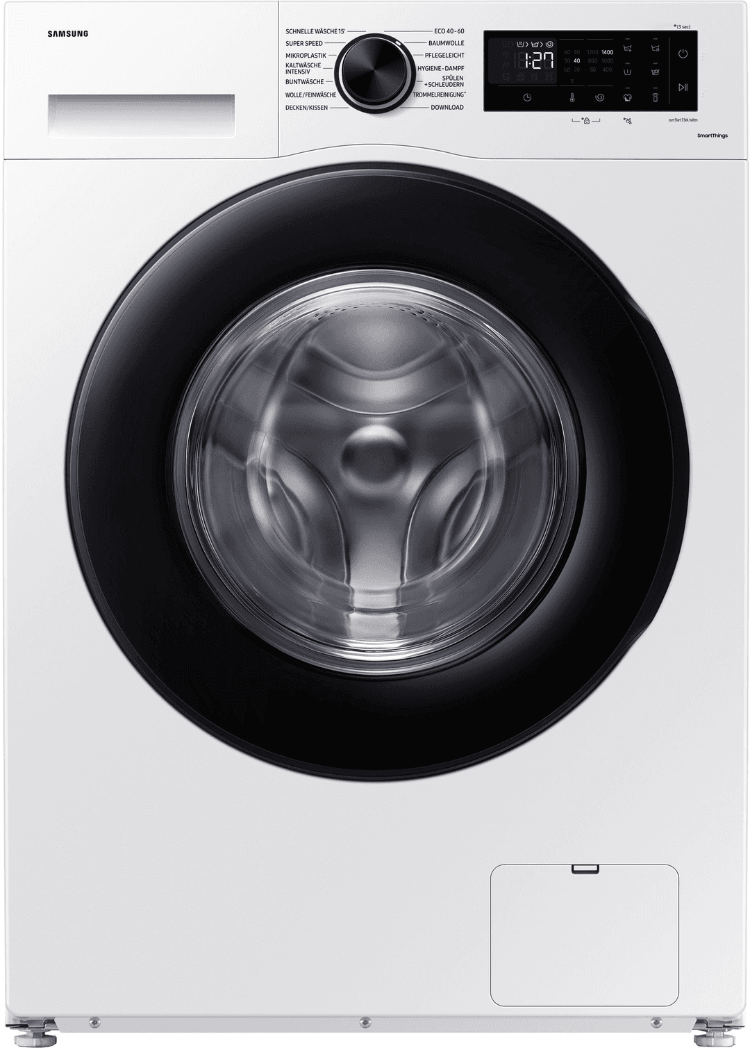 Eine weiße Samsung Waschmaschine mit schwarzer Tür und digitalem Bedienfeld.