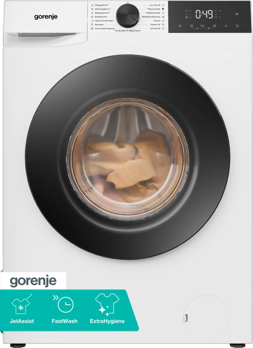 Eine weiße Gorenje Waschmaschine mit schwarzem Bullauge und beladener Trommel.