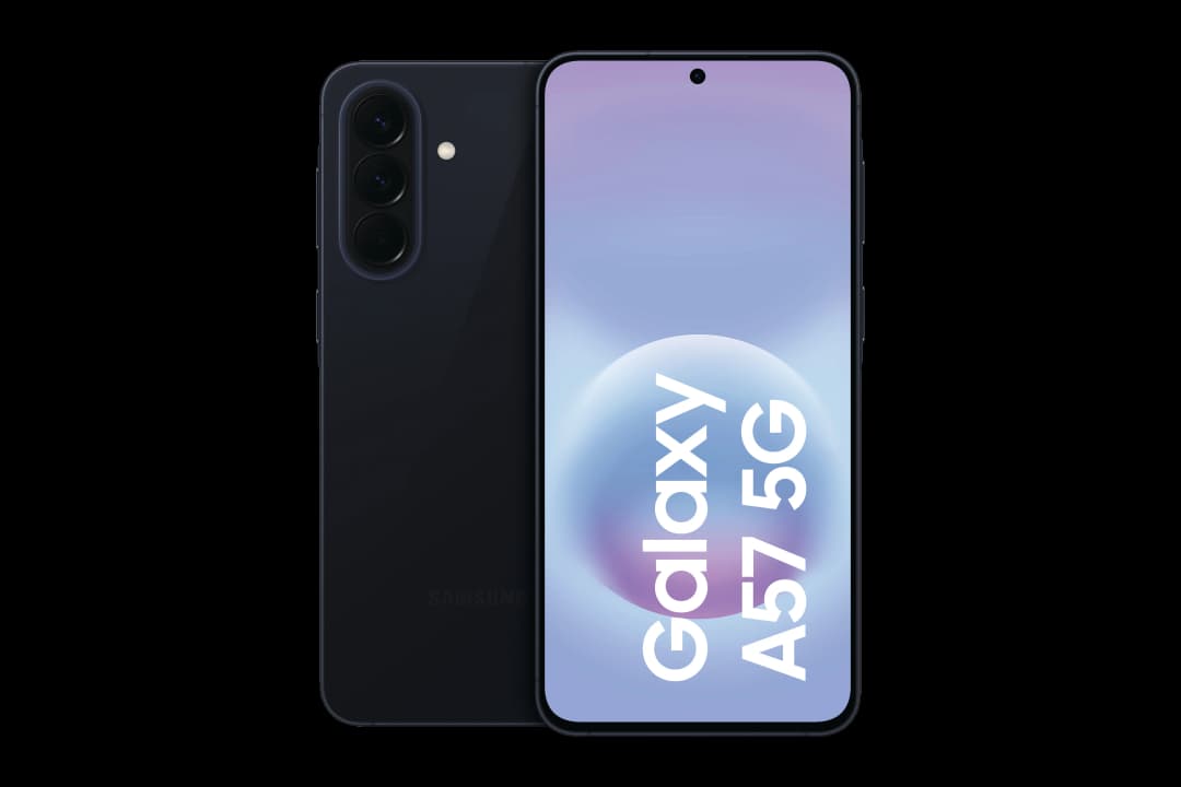 Dunkelblauer Samsung Galaxy A57 5G mit Triple-Kamera und leuchtendem Bildschirm.