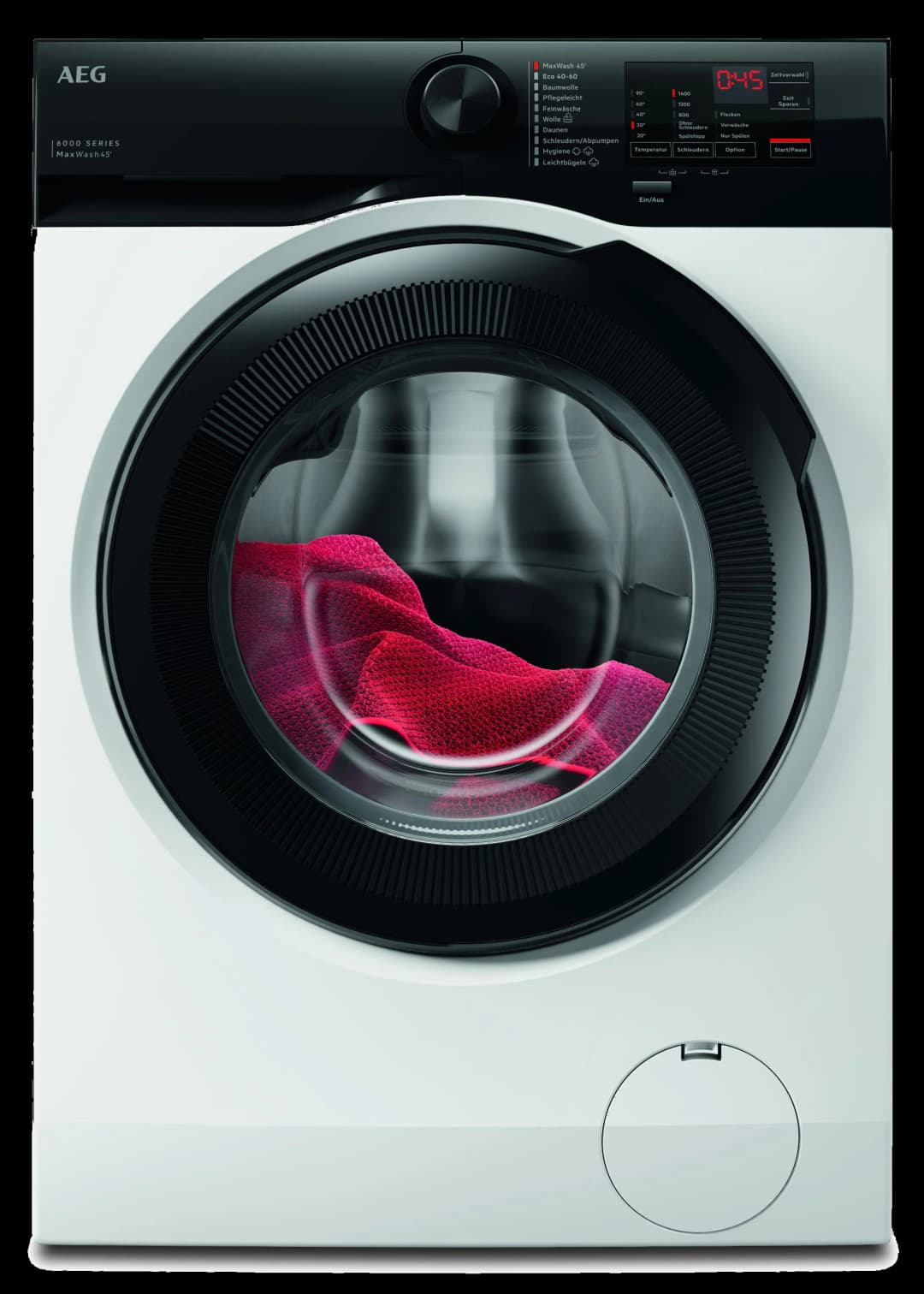 Eine weiße AEG Waschmaschine mit schwarzer Tür und roter Wäsche im Inneren.