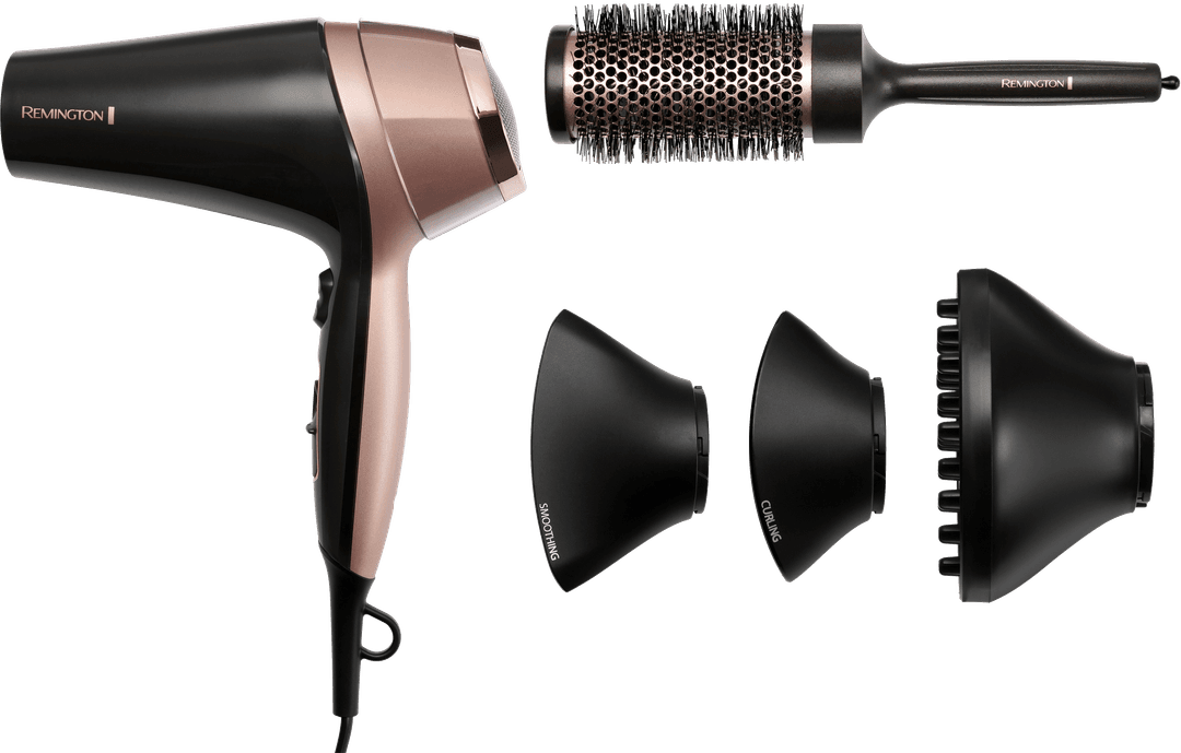 Ein schwarzer und roségoldener Remington-Haartrockner mit Zubehör.