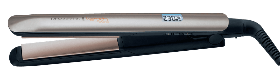 Ein Remington Keratin Protect Haarglätter mit digitaler Anzeige und kupferfarbenen Platten.