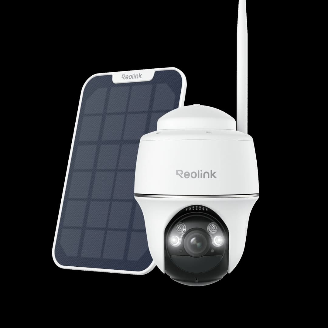 Weiße Überwachungskamera mit Solarpanel, schwarzem Objektiv und Antenne.