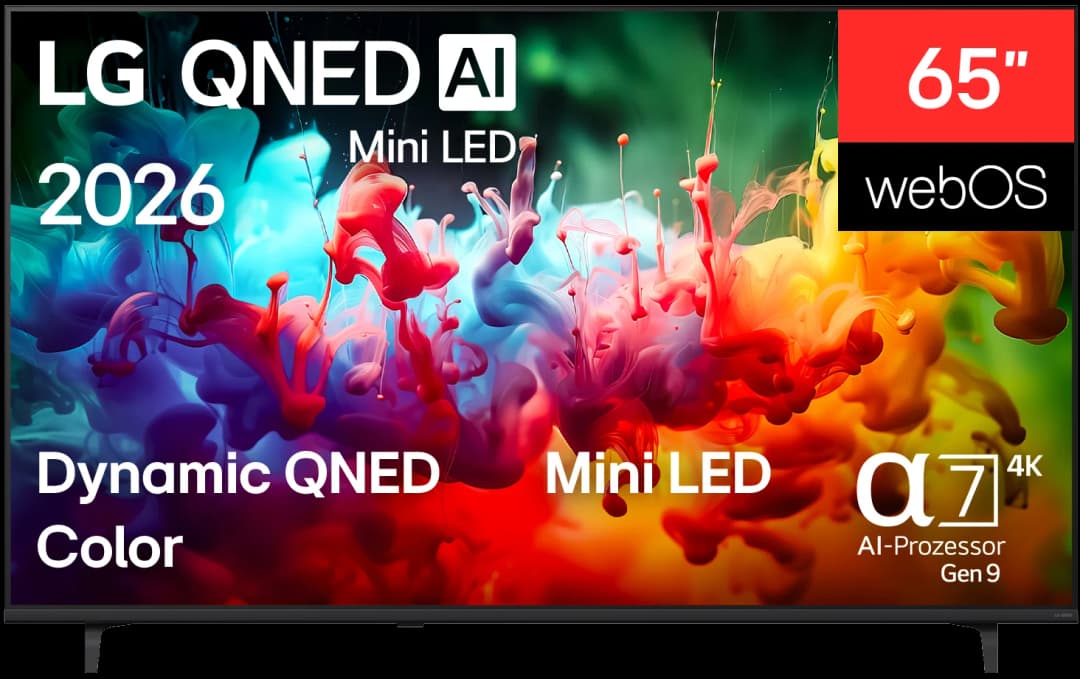 LG QNED TV mit 65 Zoll, Mini LED, 2026, Dynamic QNED Color, Alpha 7 Gen 9 Prozessor.