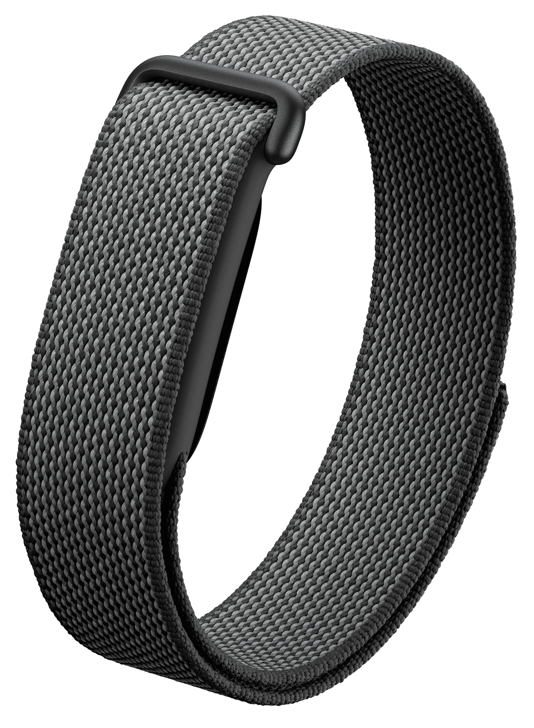 Graues Stoffarmband mit schwarzer Schnalle, das sich zu einem Kreis formt.