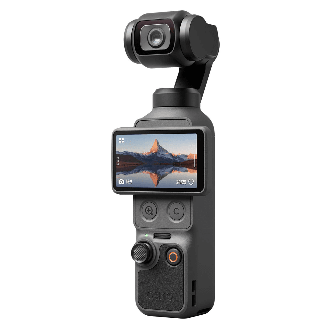 Ein schwarzer Gimbal-Stabilisator mit Kamera und Bildschirm, der eine Berglandschaft zeigt.