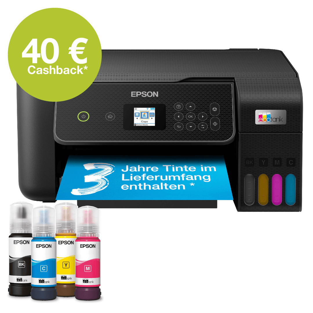 Epson EcoTank Drucker mit 40€ Cashback, Tintenflaschen und 3 Jahre Garantie.