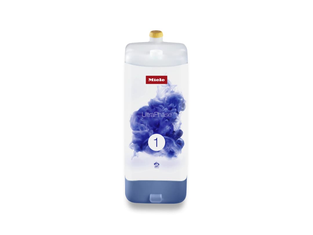 Miele UltraPhase 1 Flasche mit blauer Rauchwolke und gelbem Deckel.