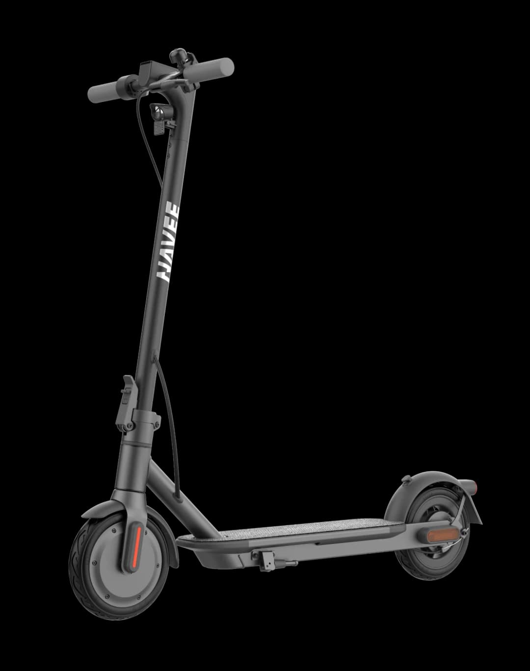 Ein grauer Navee Elektroroller mit Lenker, Vorderrad und Trittbrett.