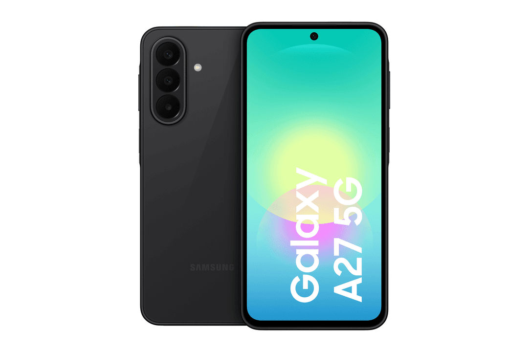 Ein schwarzes Samsung Galaxy A27 5G Smartphone, von vorne und hinten gezeigt.